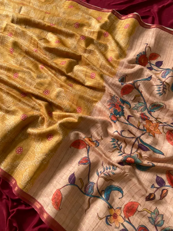 Soft_Semi_Tussar_Silk_sarees_with_Beautiful_Digital_Print_With_Attractive_Border_And_Contrast_Print_Blouse_With_Tassels