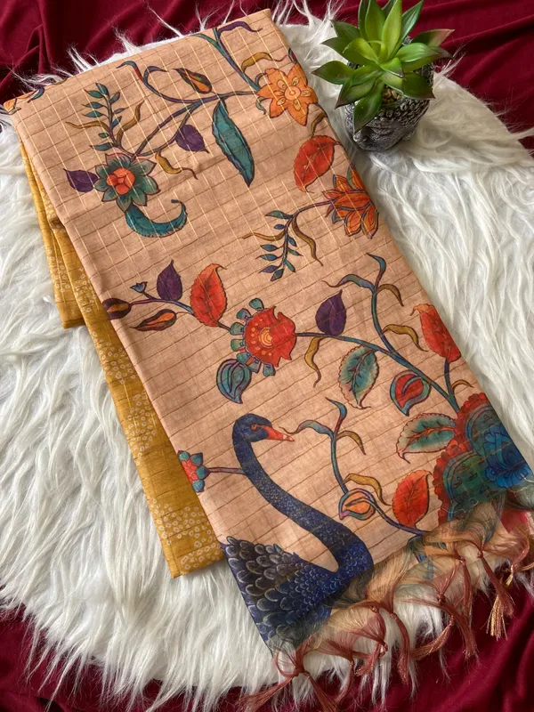 Soft_Semi_Tussar_Silk_sarees_with_Beautiful_Digital_Print_With_Attractive_Border_And_Contrast_Print_Blouse_With_Tassels