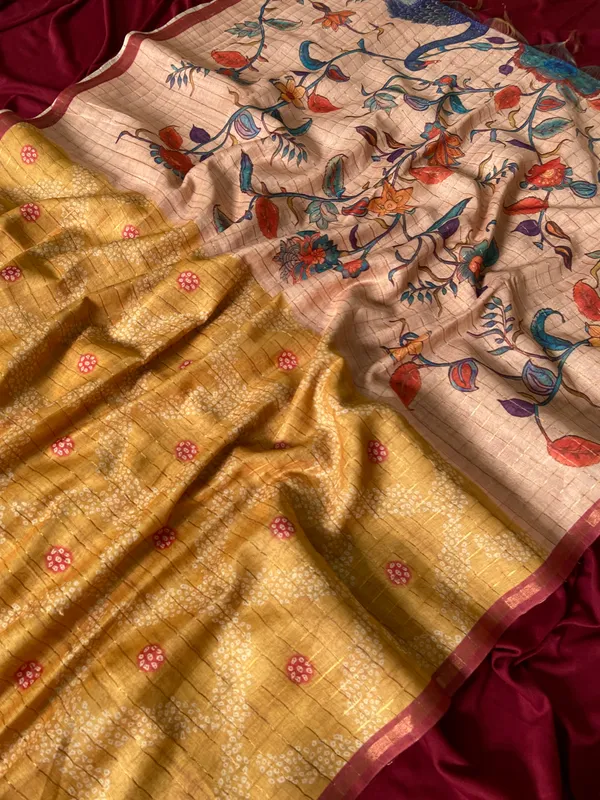 Soft_Semi_Tussar_Silk_sarees_with_Beautiful_Digital_Print_With_Attractive_Border_And_Contrast_Print_Blouse_With_Tassels
