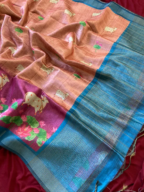 Soft_Semi_Tussar_Silk_sarees_with_Beautiful_Digital_Print_With_Attractive_Border_And_Contrast_Print_Blouse_With_Tassels