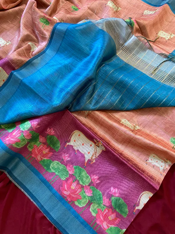 Soft_Semi_Tussar_Silk_sarees_with_Beautiful_Digital_Print_With_Attractive_Border_And_Contrast_Print_Blouse_With_Tassels