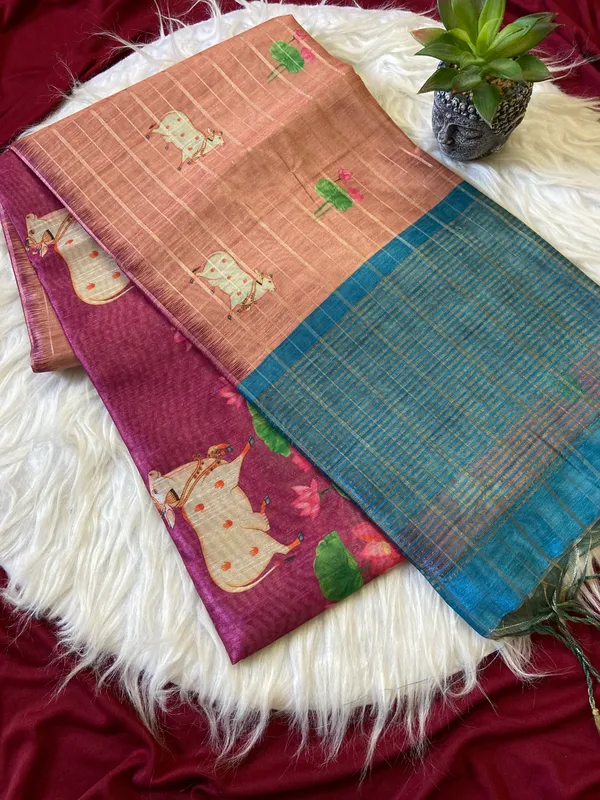 Soft_Semi_Tussar_Silk_sarees_with_Beautiful_Digital_Print_With_Attractive_Border_And_Contrast_Print_Blouse_With_Tassels