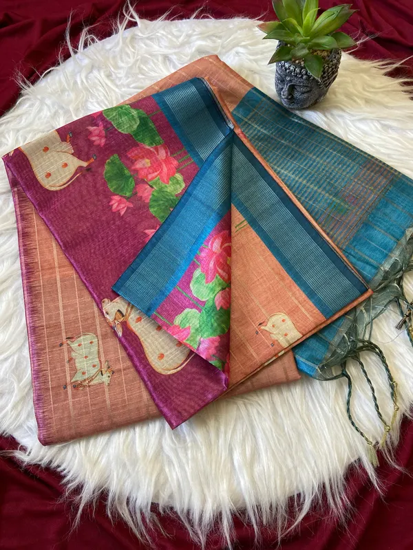 Soft_Semi_Tussar_Silk_sarees_with_Beautiful_Digital_Print_With_Attractive_Border_And_Contrast_Print_Blouse_With_Tassels