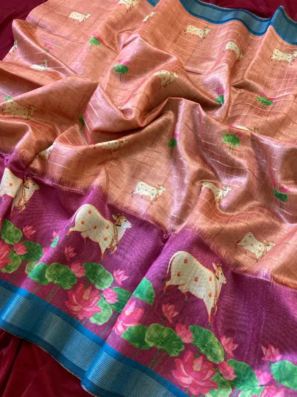Soft_Semi_Tussar_Silk_sarees_with_Beautiful_Digital_Print_With_Attractive_Border_And_Contrast_Print_Blouse_With_Tassels