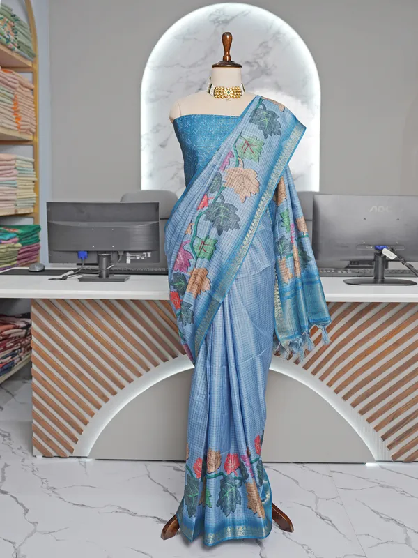 Soft_Tussar_Silk_sarees_with_Beautiful_Digital_Print_With_Attractive_Checks_Design_Saree_And_Digital_Print_Blouse_With_Tassels