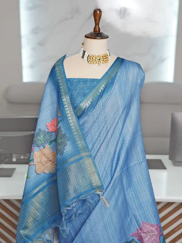 Soft_Tussar_Silk_sarees_with_Beautiful_Digital_Print_With_Attractive_Checks_Design_Saree_And_Digital_Print_Blouse_With_Tassels
