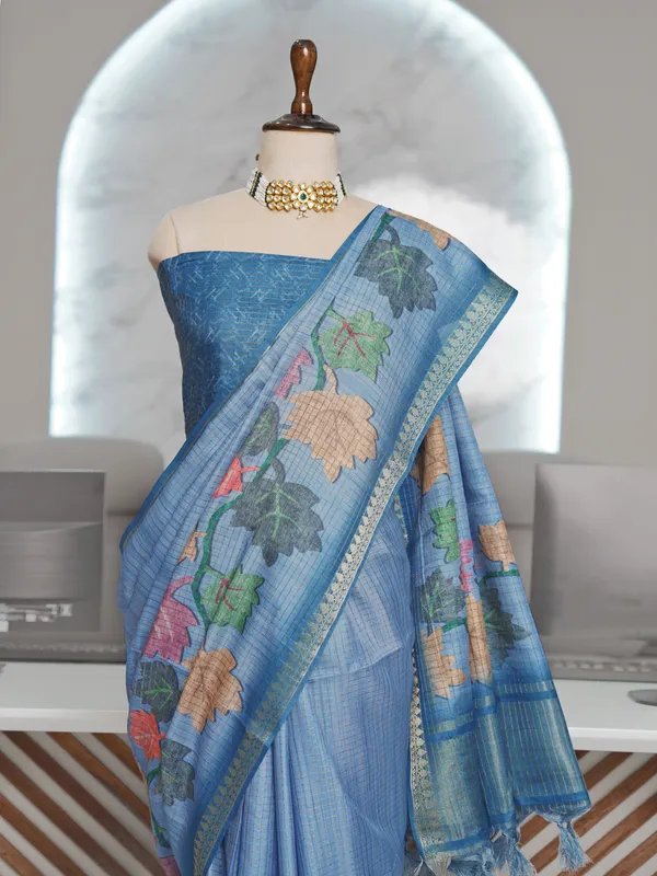 Soft_Tussar_Silk_sarees_with_Beautiful_Digital_Print_With_Attractive_Checks_Design_Saree_And_Digital_Print_Blouse_With_Tassels