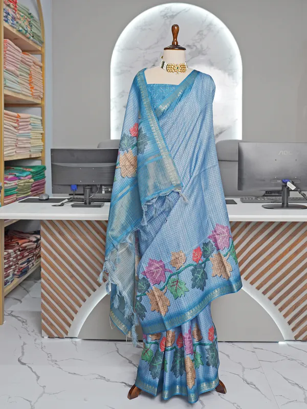 Soft_Tussar_Silk_sarees_with_Beautiful_Digital_Print_With_Attractive_Checks_Design_Saree_And_Digital_Print_Blouse_With_Tassels