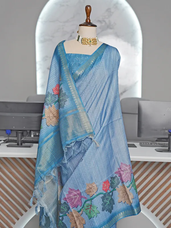 Soft_Tussar_Silk_sarees_with_Beautiful_Digital_Print_With_Attractive_Checks_Design_Saree_And_Digital_Print_Blouse_With_Tassels