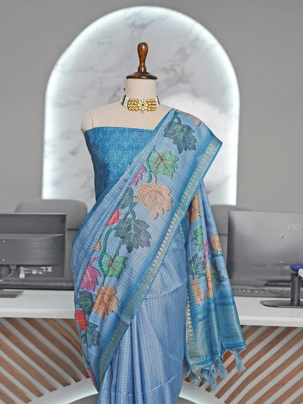 Soft_Tussar_Silk_sarees_with_Beautiful_Digital_Print_With_Attractive_Checks_Design_Saree_And_Digital_Print_Blouse_With_Tassels