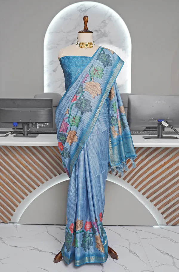 Soft_Tussar_Silk_sarees_with_Beautiful_Digital_Print_With_Attractive_Checks_Design_Saree_And_Digital_Print_Blouse_With_Tassels