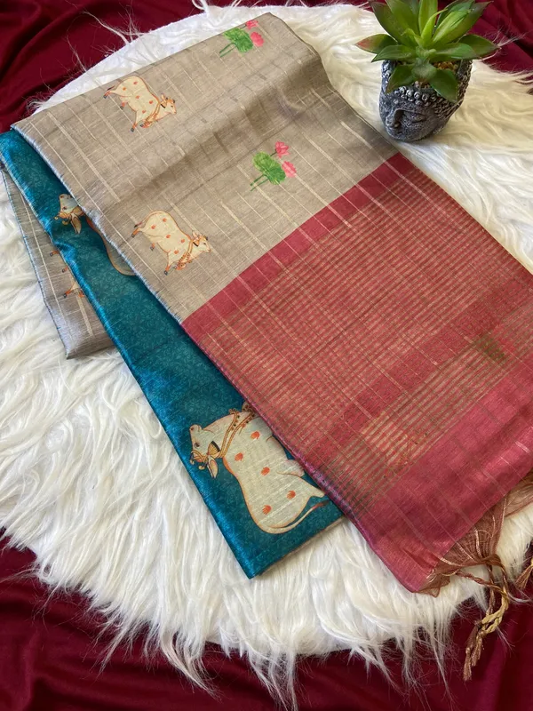Soft_Semi_Tussar_Silk_sarees_with_Beautiful_Digital_Print_With_Attractive_Border_And_Contrast_Print_Blouse_With_Tassels