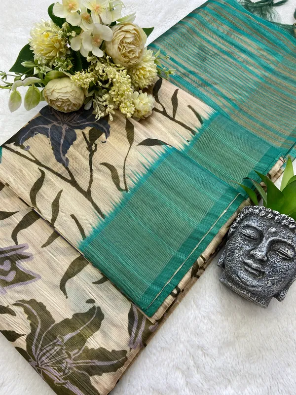 Soft_Tussar_Silk_sarees_with_Beautiful_Digital_Print_With_Attractive_Border_And_Contrast_Print_Blouse_With_Tassels