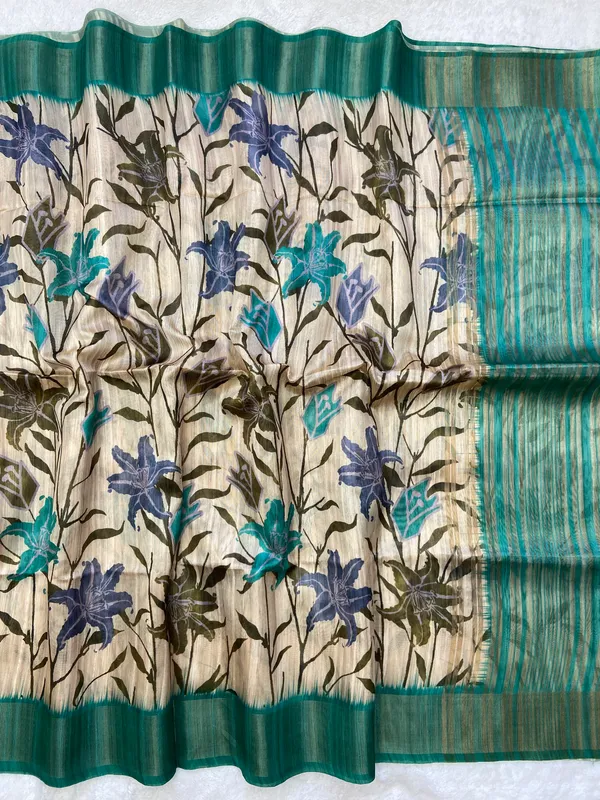 Soft_Tussar_Silk_sarees_with_Beautiful_Digital_Print_With_Attractive_Border_And_Contrast_Print_Blouse_With_Tassels