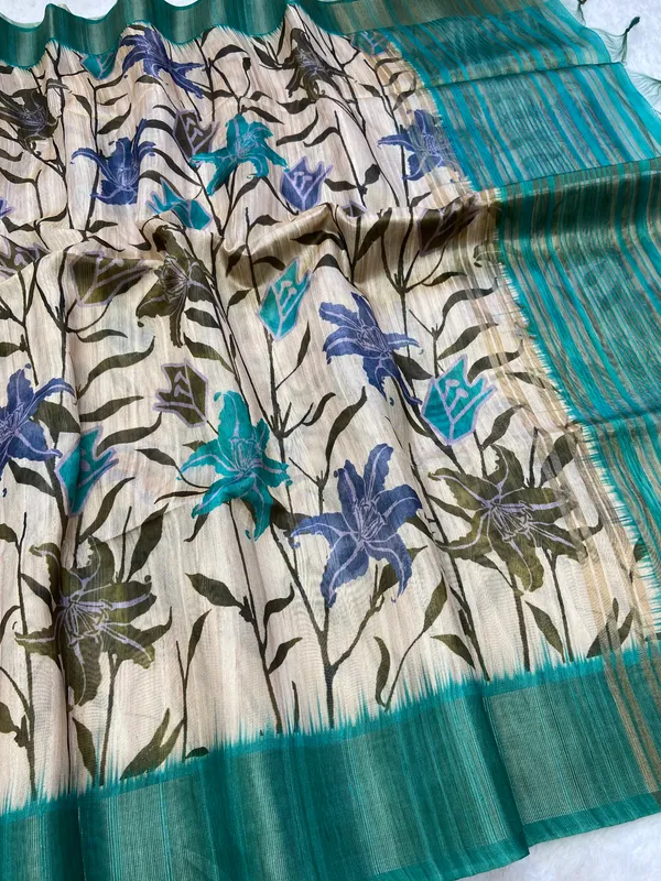Soft_Tussar_Silk_sarees_with_Beautiful_Digital_Print_With_Attractive_Border_And_Contrast_Print_Blouse_With_Tassels