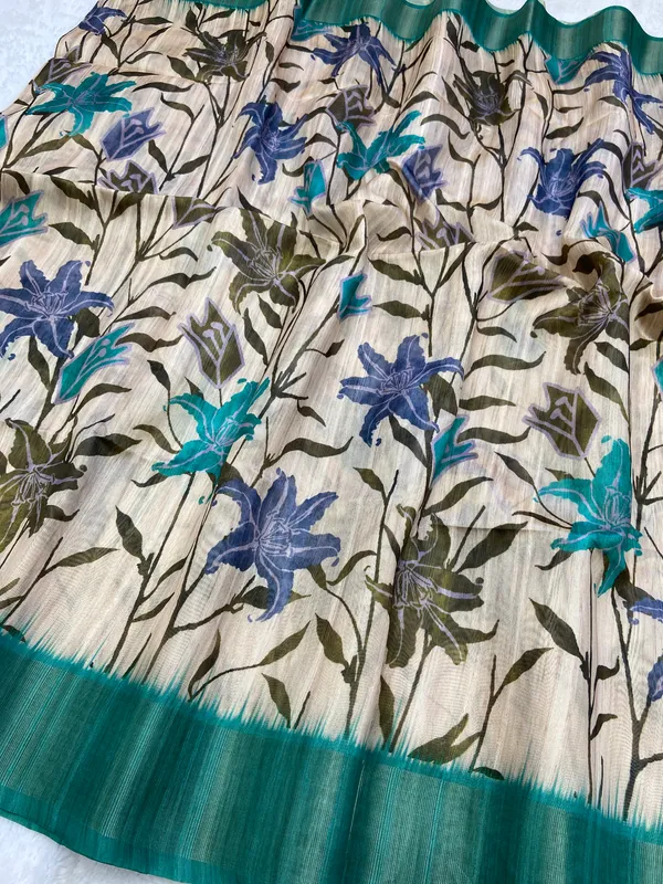 Soft_Tussar_Silk_sarees_with_Beautiful_Digital_Print_With_Attractive_Border_And_Contrast_Print_Blouse_With_Tassels