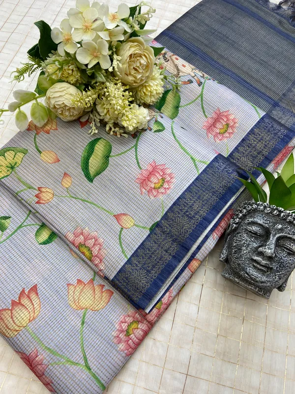 Women's Tussar Silk Charcoal Grey Digital Print Designer Saree With Blouse Piece