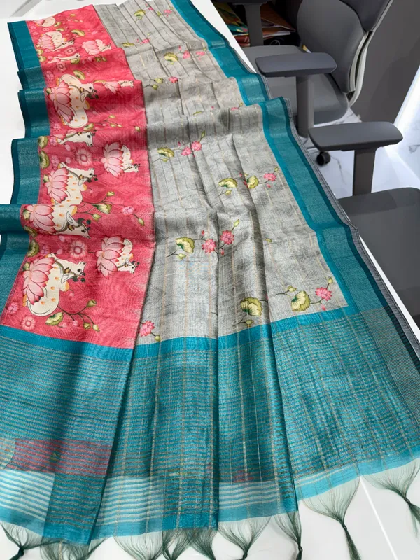 Soft_Semi_Tussar_Silk_sarees_with_Beautiful_Digital_Print_With_Attractive_Border_And_Contrast_Print_Blouse_With_Tassels
