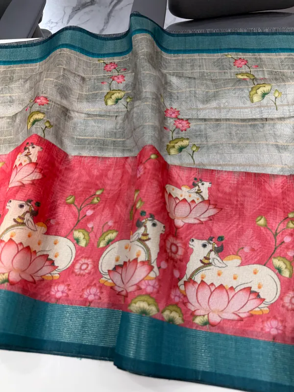 Soft_Semi_Tussar_Silk_sarees_with_Beautiful_Digital_Print_With_Attractive_Border_And_Contrast_Print_Blouse_With_Tassels