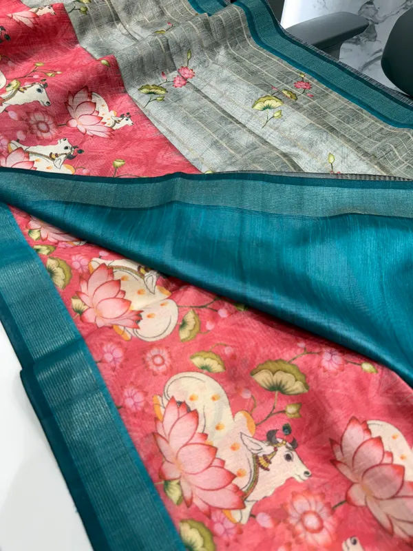 Soft_Semi_Tussar_Silk_sarees_with_Beautiful_Digital_Print_With_Attractive_Border_And_Contrast_Print_Blouse_With_Tassels