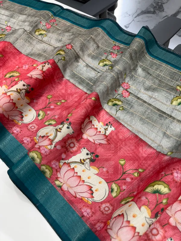Soft_Semi_Tussar_Silk_sarees_with_Beautiful_Digital_Print_With_Attractive_Border_And_Contrast_Print_Blouse_With_Tassels