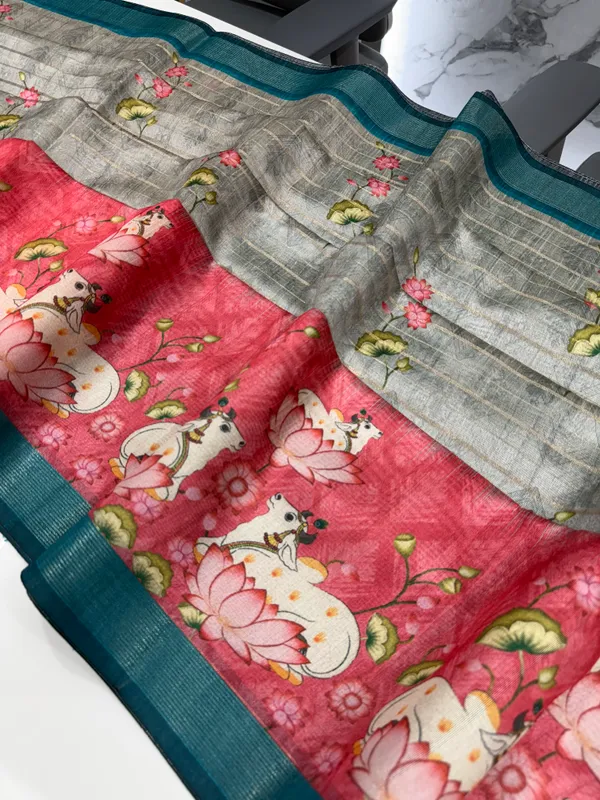 Soft_Semi_Tussar_Silk_sarees_with_Beautiful_Digital_Print_With_Attractive_Border_And_Contrast_Print_Blouse_With_Tassels