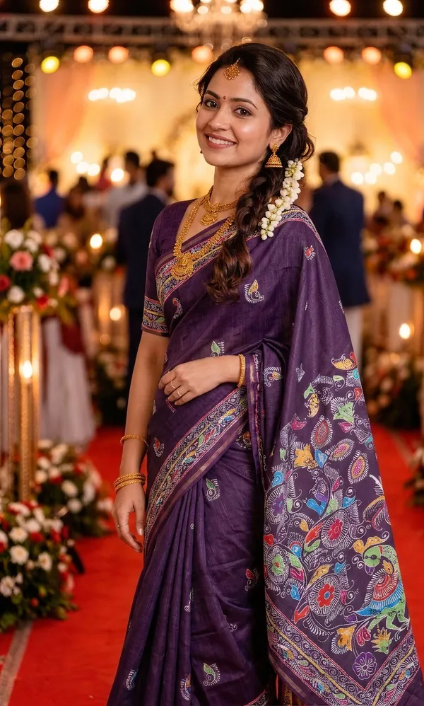 Diya_Violet_–_Lamp_Lit_Diwali_Special_|_Soft_Tussar_Silk_Saree_with_Digital_Print,_Border_&_Contrast_Print_Blouse_with_Tassels