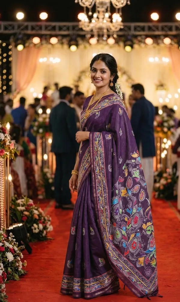 Diya_Violet_–_Lamp_Lit_Diwali_Special_|_Soft_Tussar_Silk_Saree_with_Digital_Print,_Border_&_Contrast_Print_Blouse_with_Tassels