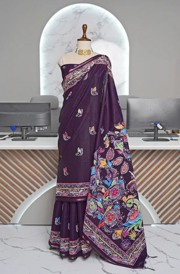 Diya_Violet_–_Lamp_Lit_Diwali_Special_|_Soft_Tussar_Silk_Saree_with_Digital_Print,_Border_&_Contrast_Print_Blouse_with_Tassels