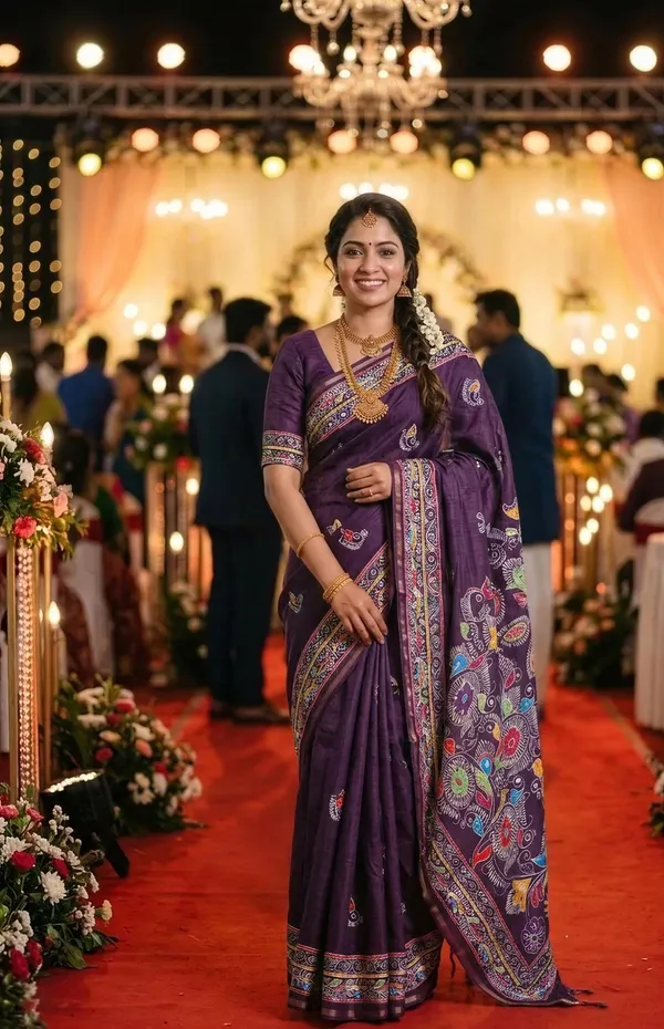 Diya_Violet_–_Lamp_Lit_Diwali_Special_|_Soft_Tussar_Silk_Saree_with_Digital_Print,_Border_&_Contrast_Print_Blouse_with_Tassels