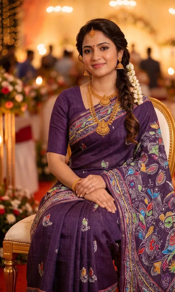 Diya_Violet_–_Lamp_Lit_Diwali_Special_|_Soft_Tussar_Silk_Saree_with_Digital_Print,_Border_&_Contrast_Print_Blouse_with_Tassels