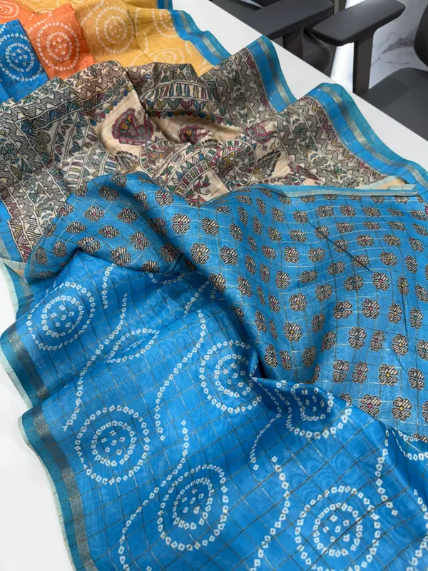Soft_Semi_Tussar_Silk_sarees_with_Beautiful_Digital_Print_With_Attractive_Border_And_Contrast_Print_Blouse_With_Tassels