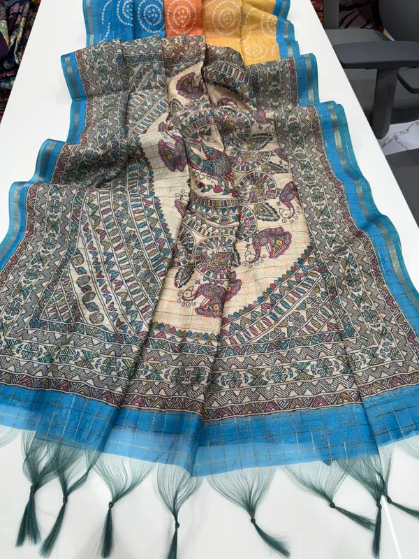 Soft_Semi_Tussar_Silk_sarees_with_Beautiful_Digital_Print_With_Attractive_Border_And_Contrast_Print_Blouse_With_Tassels
