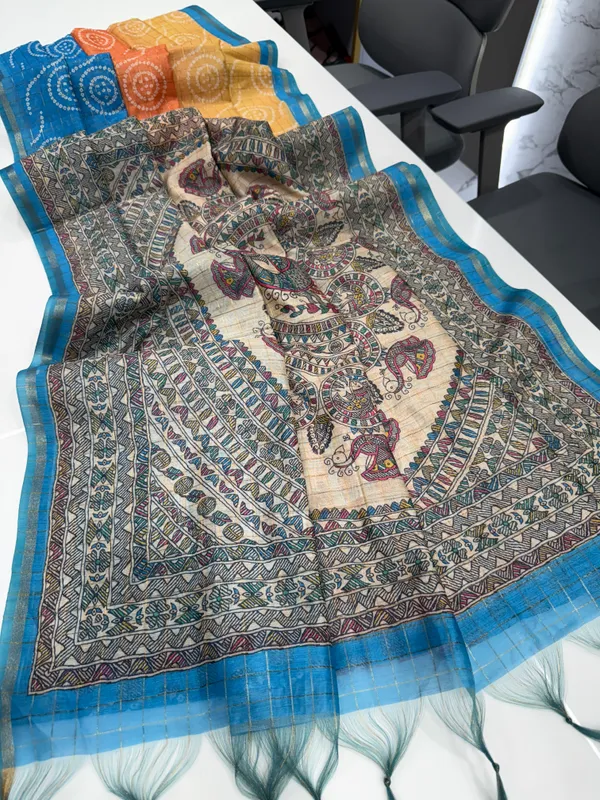 Soft_Semi_Tussar_Silk_sarees_with_Beautiful_Digital_Print_With_Attractive_Border_And_Contrast_Print_Blouse_With_Tassels