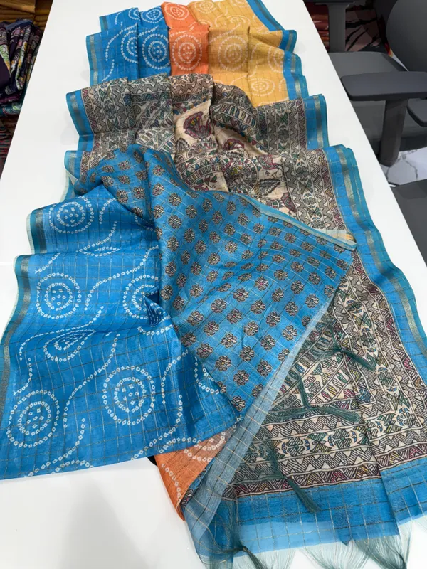 Soft_Semi_Tussar_Silk_sarees_with_Beautiful_Digital_Print_With_Attractive_Border_And_Contrast_Print_Blouse_With_Tassels