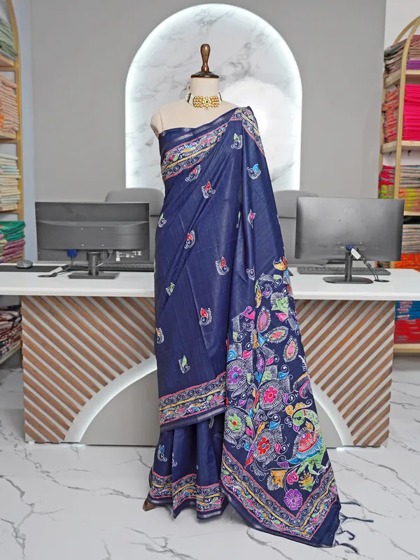 Soft_Tussar_Silk_sarees_with_Beautiful_Digital_Print_With_Attractive_Border_And_Contrast_Print_Blouse_With_Tassels