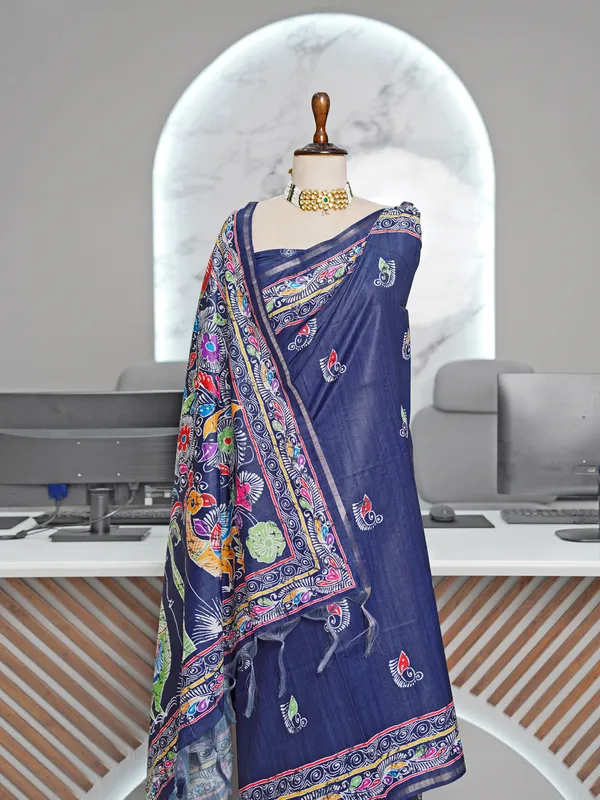Soft_Tussar_Silk_sarees_with_Beautiful_Digital_Print_With_Attractive_Border_And_Contrast_Print_Blouse_With_Tassels