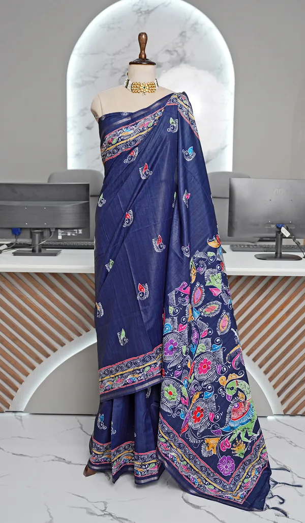 Soft_Tussar_Silk_sarees_with_Beautiful_Digital_Print_With_Attractive_Border_And_Contrast_Print_Blouse_With_Tassels