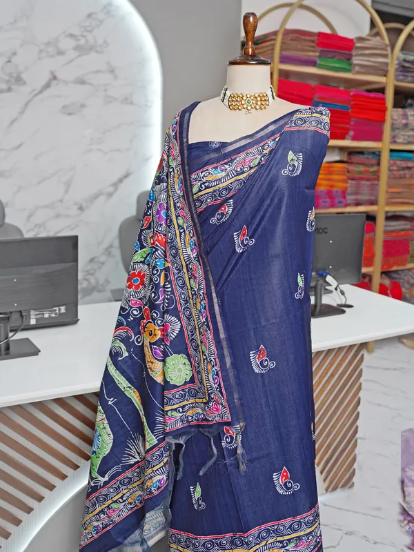 Soft_Tussar_Silk_sarees_with_Beautiful_Digital_Print_With_Attractive_Border_And_Contrast_Print_Blouse_With_Tassels