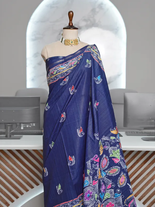 Soft_Tussar_Silk_sarees_with_Beautiful_Digital_Print_With_Attractive_Border_And_Contrast_Print_Blouse_With_Tassels