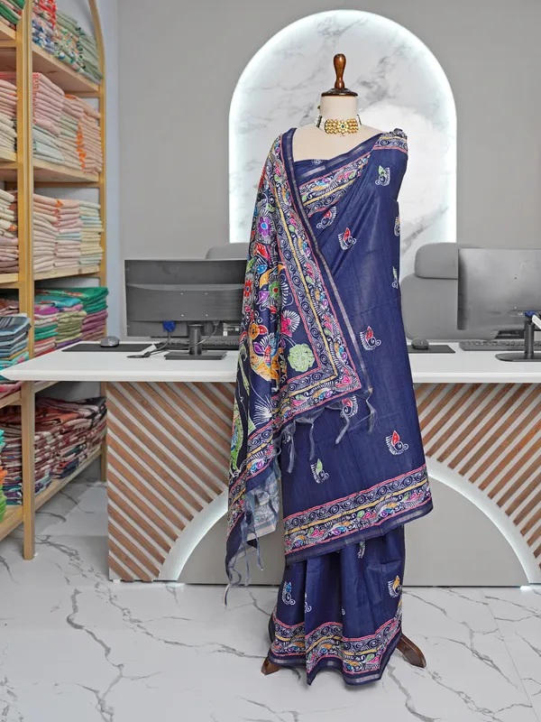 Soft_Tussar_Silk_sarees_with_Beautiful_Digital_Print_With_Attractive_Border_And_Contrast_Print_Blouse_With_Tassels