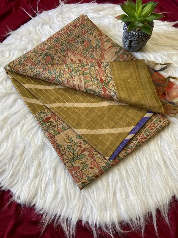 Soft_Semi_Tussar_Silk_sarees_with_Beautiful_Digital_Print_With_Attractive_Border_And_Contrast_Print_Blouse_With_Tassels