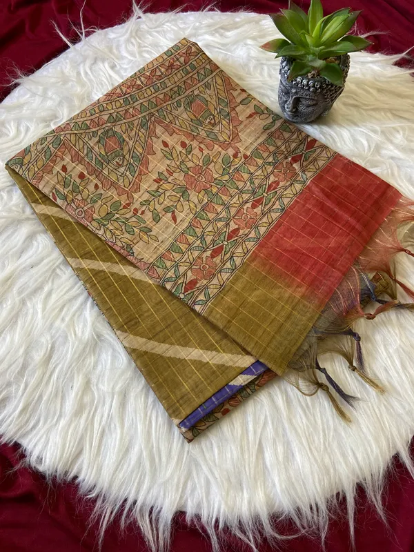 Soft_Semi_Tussar_Silk_sarees_with_Beautiful_Digital_Print_With_Attractive_Border_And_Contrast_Print_Blouse_With_Tassels