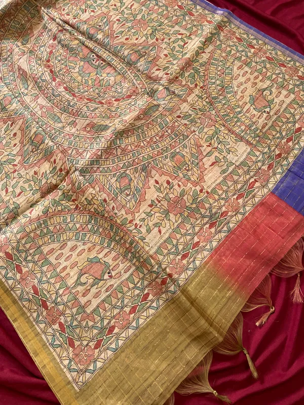 Soft_Semi_Tussar_Silk_sarees_with_Beautiful_Digital_Print_With_Attractive_Border_And_Contrast_Print_Blouse_With_Tassels