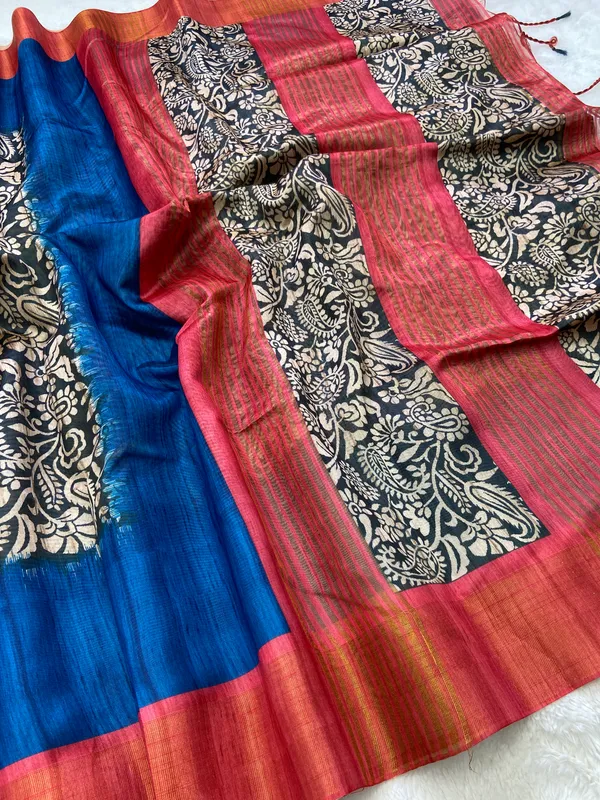 Mirza_Red_&_Blue_–_Diwali_Special_|_Soft_Tussar_Silk_Saree_with_Print,_Border_&_Contrast_Print_Blouse_with_Tassels