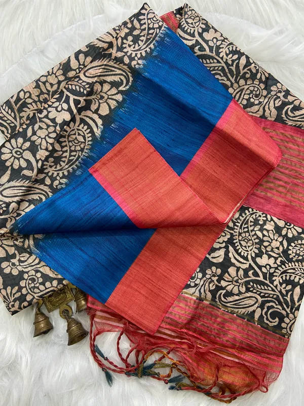 Mirza_Red_&_Blue_–_Diwali_Special_|_Soft_Tussar_Silk_Saree_with_Print,_Border_&_Contrast_Print_Blouse_with_Tassels