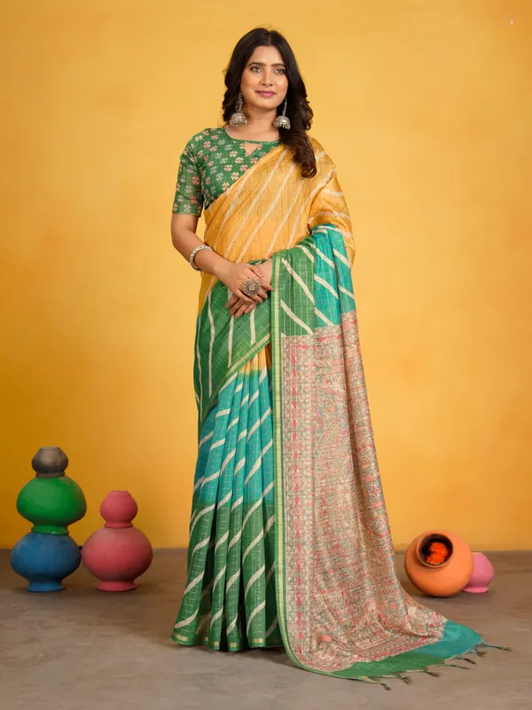 Jemisha_Green_&_Yellow_–_Festive_Season_Special_|_Soft_Semi_Tussar_Silk_Saree_with_Digital_Print,_Border_&_Contrast_Print_Blouse_with_Tassels