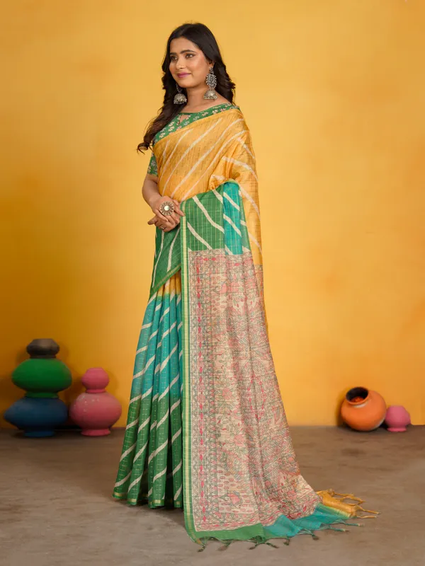 Jemisha_Green_&_Yellow_–_Festive_Season_Special_|_Soft_Semi_Tussar_Silk_Saree_with_Digital_Print,_Border_&_Contrast_Print_Blouse_with_Tassels