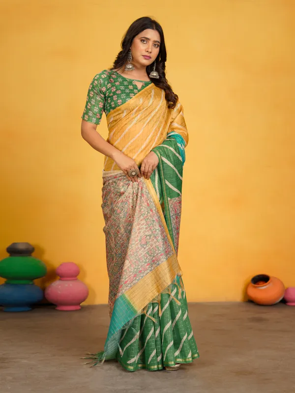 Jemisha_Green_&_Yellow_–_Festive_Season_Special_|_Soft_Semi_Tussar_Silk_Saree_with_Digital_Print,_Border_&_Contrast_Print_Blouse_with_Tassels