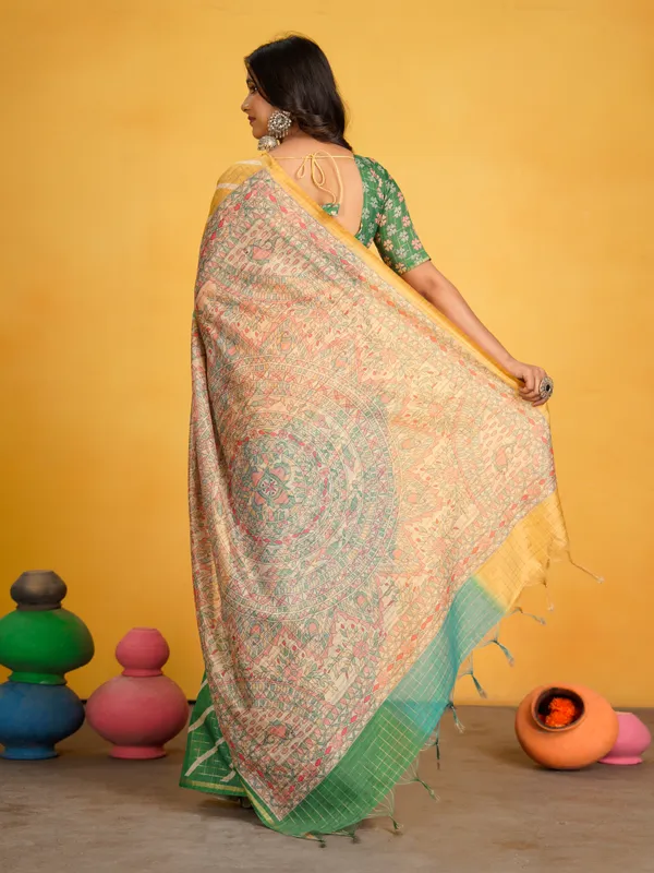 Jemisha_Green_&_Yellow_–_Festive_Season_Special_|_Soft_Semi_Tussar_Silk_Saree_with_Digital_Print,_Border_&_Contrast_Print_Blouse_with_Tassels
